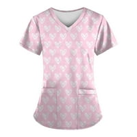 Хуачен Жени Мода Денот На Вљубените Печати V-Вратот Краток Ракав Работна Облека Со Џебови Блузи, Розова XL
