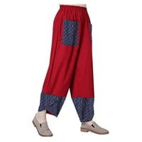 Хеи_к Модни Жени Лабав Печатење Еднобојно Печатење Со Точки Спојување Памук Лен Џеб Широки панталони за Нозе ленени панталони за жени