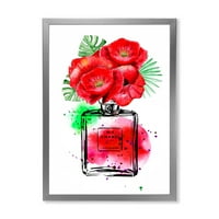 DesignArt 'Парфем Шанел Пет со модерен врамен уметнички принт на црвени цвеќиња