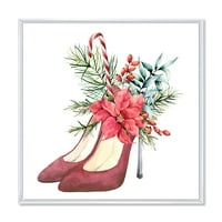 Црвени велур чевли со потпетици со божиќен црвен цветен декор врамен сликарство платно уметнички принт