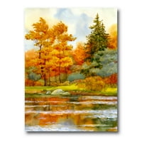 Есенска шума покрај езерската страна III сликарство платно уметнички принт