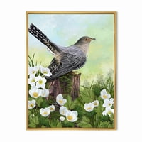 Кукавица птица на стар трупец и бели цвеќиња, врамени со сликарско платно уметнички принт