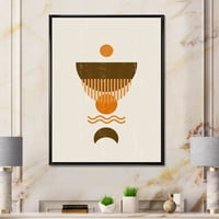 DesignArt 'Апстрактна минимална кафеава месечина и портокалово сонце' модерна врамена платна wallидна уметност