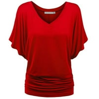 иопко женски маици Жени Мода Солидна Маица Со Врат В-Вратот Блуза Бутвинг Ракав Блузи блуза Маици За жени Црвена + XL