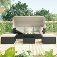 Хомоов отворен внатрешен двор правоаголен софа-кревет со повлечена крошна, плетен мебел комбинирано седиште, беж