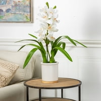 Герсон висок вистински допир ултра-реалистички аранжман на орхидеи на бела цимбидиум во модерно бело керамички и дрвен тенџере