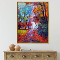 DesignArt 'Црвен есенски пејзаж со мал пат' Традиционално врамено платно wallидно печатење