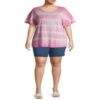 Terra & Sky Women's Plus Size Size Flutter Sleeve Tie Ti-боја маица