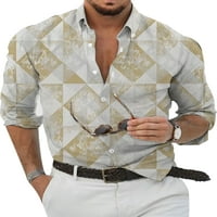 Гријанлоук Мажи Обични Геометриски Копчиња За Блуза Со Печатење Свртете Ги Врвовите На Јаката Маица Со Долги Ракави На Плажа