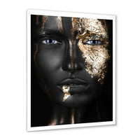 DesignArt 'Портрет на девојче од Афроамериканец со златна шминка' модерен врамен уметнички принт