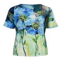 Женско Лето В-Вратот Краток Ракав Маица Цветни Печати Обична Блуза Лабава Блуза