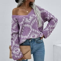Џемпери За Жени Трендовски Мода Долги Ракави V-Вратот Лента Лабава Боја Појавување На Блузи Блуза Плетени Џемпер Виолетова М