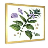 DesignArt 'Виолетова сусам цвеќиња со зелени лисја на бело' традиционално врамен уметнички принт