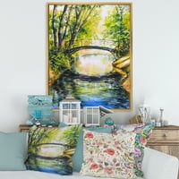 DesignArt „Шумски парк со мост над проблематичната вода“ езерото куќа врамена платно wallидна уметност печатење