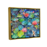 Stuple Industries Vivid Ender Lyly Lotus Blossom Koi Fish Pond Safticion Metallic Gold Floating Framed Canvas Print wallид уметност,