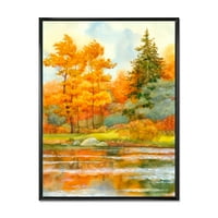 Есенска шума покрај езерската страна IV врамена слика за сликање на платно уметничко печатење