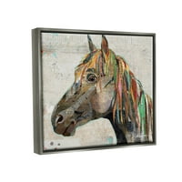 Stuple Industries Farm Horse Animal Animal Animal Portreate Vared Script Collage Graphic Art Luster Grey Floating Framed Canvas