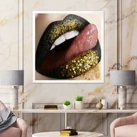 Designart 'Woman Lips Black Carmstick and Gold Sequins' модерен врамен уметнички печати