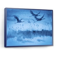 DesignArt „Кранови во лет за време на сино вечерно светло“ Традиционално врамено платно wallидно печатење