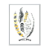 DesignArt 'Yellowолти етнички плими пердуви на бело' Боемјан и еклектично врамено платно wallидна уметност печатење