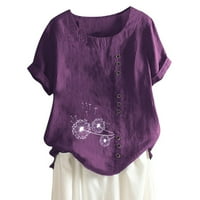 Апепал Лабави Ленени Врвови За Жени Летен Екипаж Вратот Краток Ракав Памучна Мешавина Блуза Виолетова XL