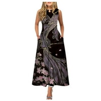 Женски Фустани Без Ракави А-Линија Должина На Глуждот Мода Лето Печатени Круг Деколте Фустан Црно