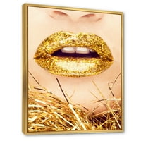 DesignArt 'Зголемување на златните женски усни i' модерна врамена платна wallидна уметност печатење
