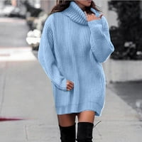 Женски Зимски Пуловер Со Желка Еднобоен Плетен Џемпер Со Средна Должина Женски Џемпер Со Пуловер Сина XL