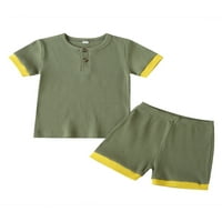 Дете Бебе Момче Девојка Лето Краток Сет Униз Ребрести Краток Ракав Маица Блузи+Кратки Панталони Облека Армија Зелена 2 Години