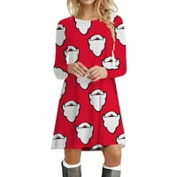 Божиќни Фустани За Жени Секојдневен Круг Вратот Долг Ракав Печатење Маица Умот Фустан, Црвена, XL