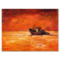 Рибарски брод за време на црвениот вечерен сјај за сликање платно уметнички принт