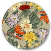 Дизајн Антички егзотични цвеќиња во портокалова и жолта 'Традиционална метална wallидна уметност - диск од 29
