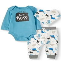 Miniville Baby Baby Boys Bodysuit, Pantants Pantans & Bandana Bib, сет на облека со 3 парчиња