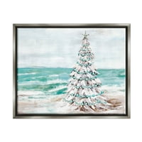 Снежна елка на плажа на плажа на плажа, празнично сликарство, сјај, сива врамена уметничка печатена wallидна уметност